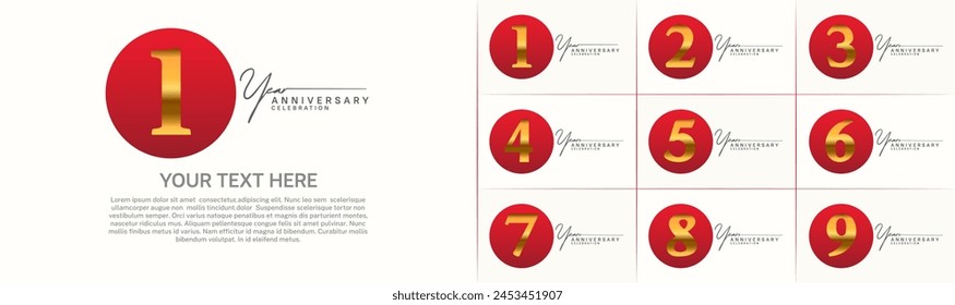 anniversary logotype set vector, red color circle and golden number for special day celebration