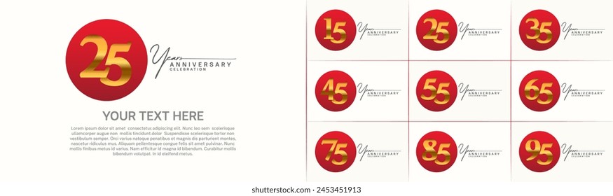 anniversary logotype set vector, red color circle and golden number for special day celebration