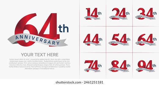 anniversary logotype set vector, red color and silver ribbon for special day celebration