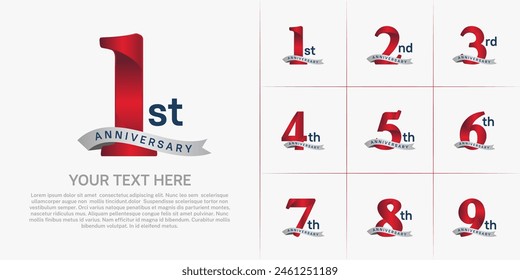 anniversary logotype set vector, red color and silver ribbon for special day celebration