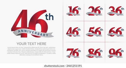 logotipo de aniversario conjunto de Vector, color rojo y cinta plateada para la celebración del día especial