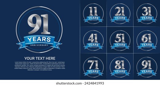 anniversary logotype set vector, silver color with circle and blue ribbon for special day celebration