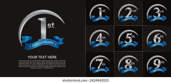 anniversary logotype set vector, silver color with blue ribbon for special day celebration