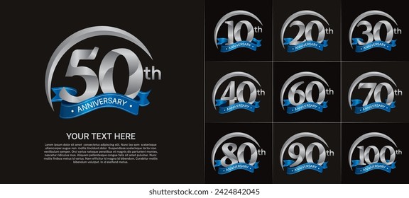 anniversary logotype set vector, silver color with blue ribbon for special day celebration