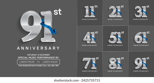 anniversary logotype set vector, silver color and blue ribbon for special day celebration