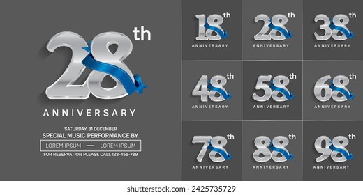 anniversary logotype set vector, silver color and blue ribbon for special day celebration