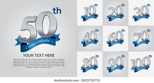 anniversary logotype set vector, silver color and blue ribbon for special day celebration