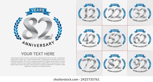 anniversary logotype set vector, silver color and blue ribbon for special day celebration