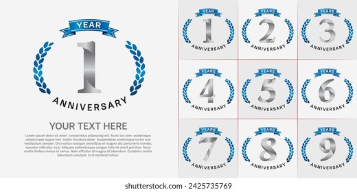 anniversary logotype set vector, silver color and blue ribbon for special day celebration
