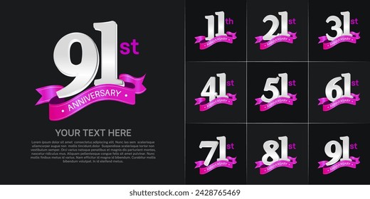 anniversary logotype set vector, silver color and purple ribbon for special day celebration