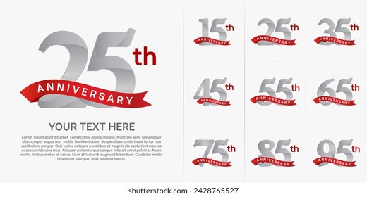anniversary logotype set vector, silver color and red ribbon for special day celebration