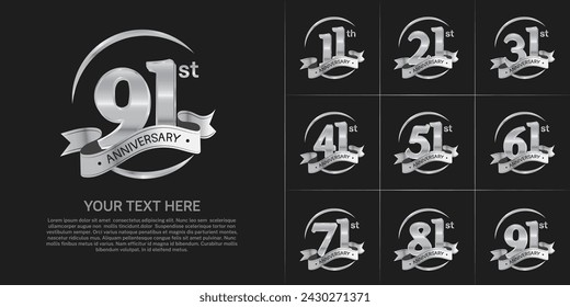 anniversary logotype set vector, silver color and silver ribbon for special day celebration