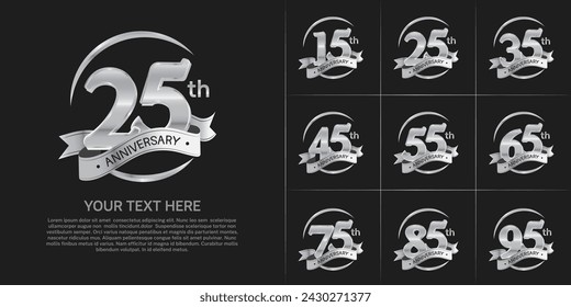 anniversary logotype set vector, silver color and silver ribbon for special day celebration