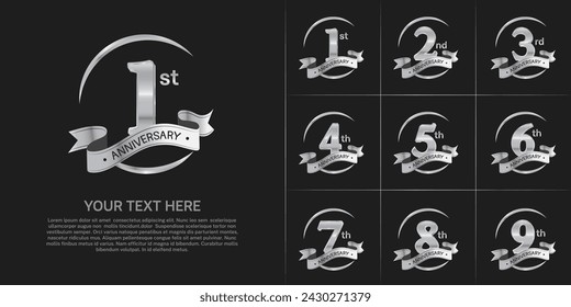 anniversary logotype set vector, silver color and silver ribbon for special day celebration