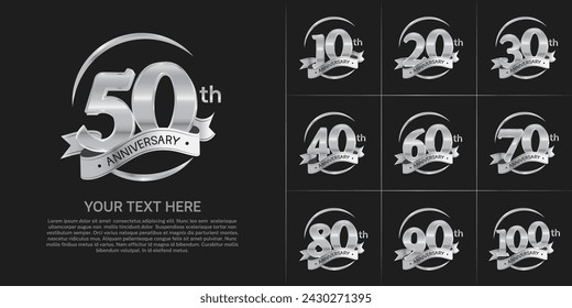 anniversary logotype set vector, silver color and silver ribbon for special day celebration