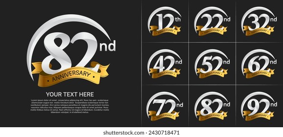 anniversary logotype set vector, silver color with golden ribbon for special day celebration