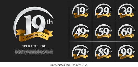 anniversary logotype set vector, silver color with golden ribbon for special day celebration