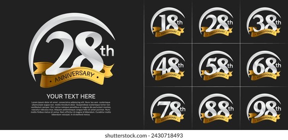 anniversary logotype set vector, silver color with golden ribbon for special day celebration
