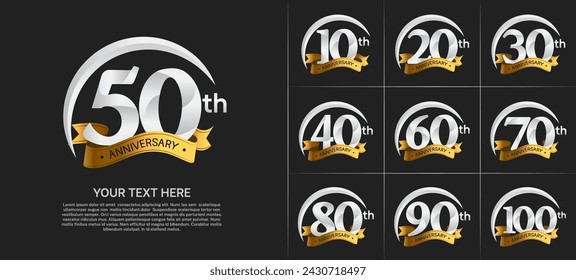 anniversary logotype set vector, silver color with golden ribbon for special day celebration