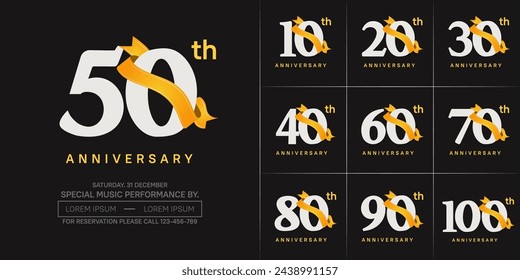 vector del conjunto del logotipo del aniversario, color blanco y cinta naranja para la celebración especial del día