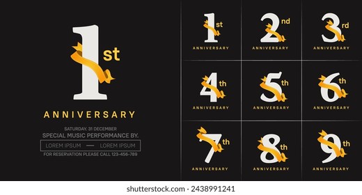 anniversary logotype set vector, white color and orange ribbon for special day celebration