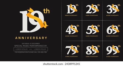 vector del conjunto del logotipo del aniversario, color blanco y cinta naranja para la celebración especial del día