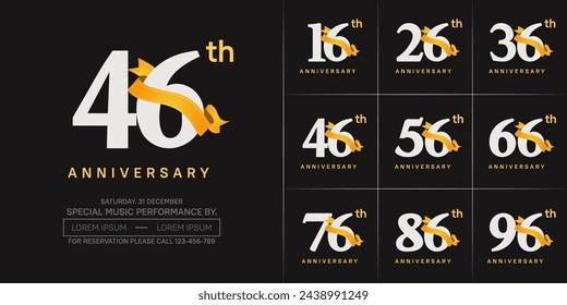 vector del conjunto del logotipo del aniversario, color blanco y cinta naranja para la celebración especial del día