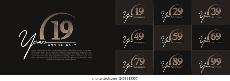 vector del conjunto del logotipo del aniversario, color blanco y marrón con swoosh para la celebración especial del día