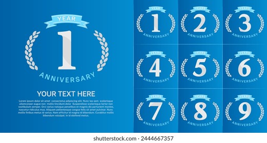 logotipo de aniversario conjunto de Vector, color blanco y cinta azul para la celebración del día especial