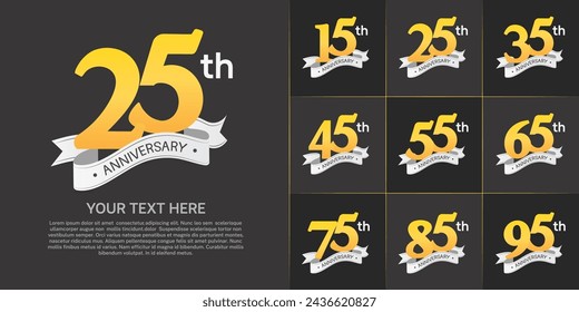 anniversary logotype set vector, yellow color and white ribbon for special day celebration