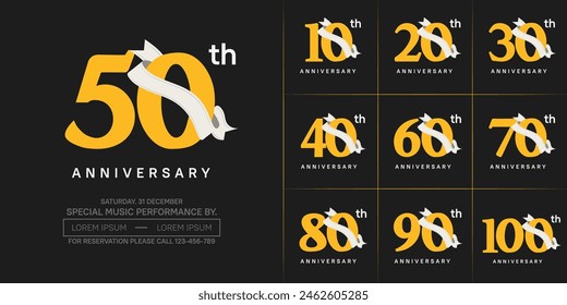 anniversary logotype set vector, yellow color and white ribbon for special day celebration