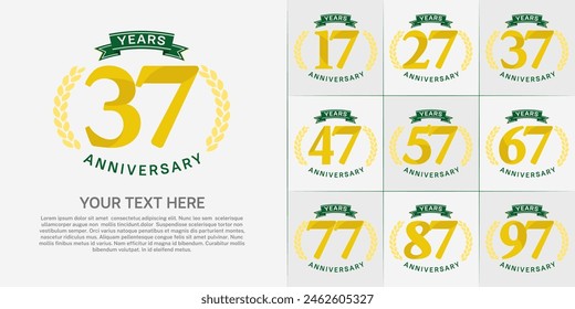logotipo de aniversario conjunto de Vector, color amarillo y cinta verde para la celebración del día especial