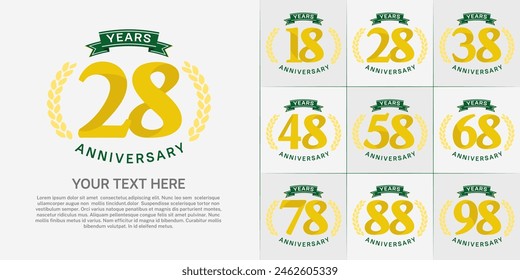 anniversary logotype set vector, yellow color and green ribbon for special day celebration