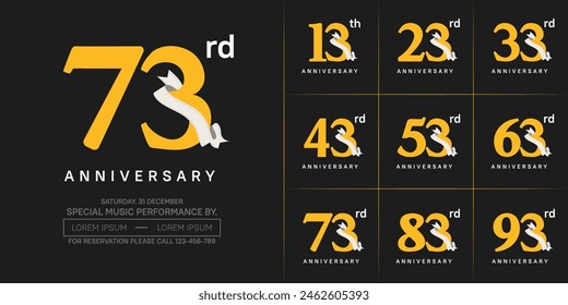 anniversary logotype set vector, yellow color and white ribbon for special day celebration