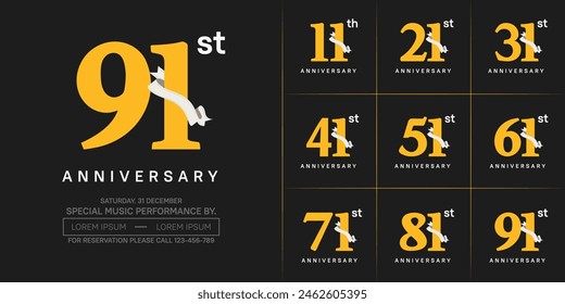 anniversary logotype set vector, yellow color and white ribbon for special day celebration