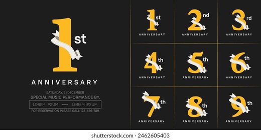 logotipo de aniversario conjunto de Vector, color amarillo y cinta blanca para la celebración del día especial