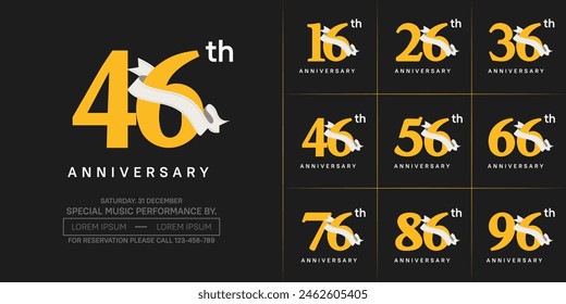 anniversary logotype set vector, yellow color and white ribbon for special day celebration