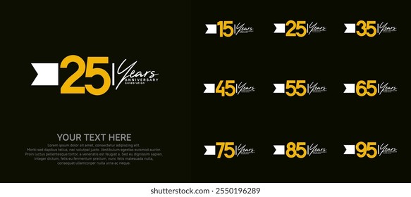 anniversary logotype set. yellow number and white ribbon for celebration