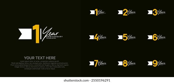anniversary logotype set. yellow number and white ribbon for celebration