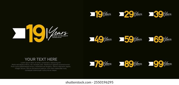 anniversary logotype set. yellow number and white ribbon for celebration