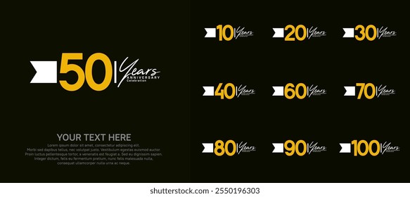 Conjunto de logotipo de aniversario. número amarillo y cinta blanca para la celebración