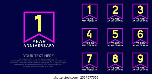 anniversary logotype set. yellow, white and purple color can be use for celebration