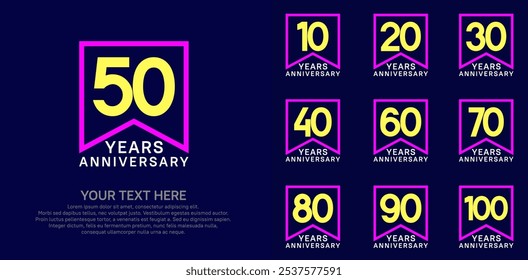 Conjunto de logotipo de aniversario. Color amarillo, blanco y púrpura se puede utilizar para la celebración