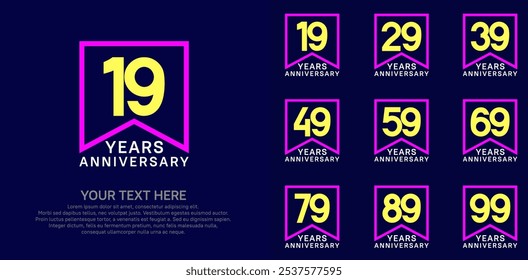 anniversary logotype set. yellow, white and purple color can be use for celebration