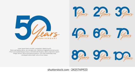 anniversary logotype vector design set with orange handwriting, blue color can be use for special day