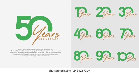 anniversary logotype vector design set with brown handwriting, green color can be use for special day
