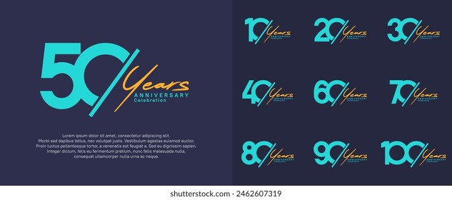 Jubiläums-Logotyp-Vektorgrafik-Design mit Schrägstrich und orangefarbener Handschrift Blau für besonderen Tag