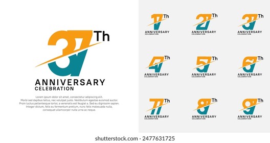 Vector de logotipo de aniversario con color naranja y azul y barra para el día de la celebración