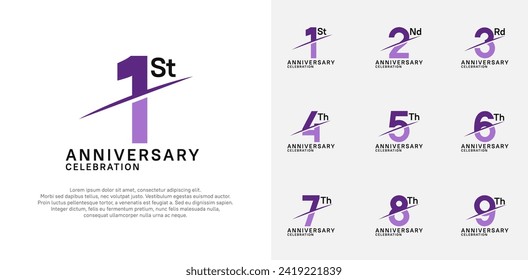 conjunto de vectores de logotipo de aniversario con color púrpura y barra diagonal para el día de celebración