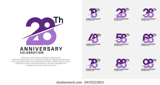 conjunto de vectores de logotipo de aniversario con color púrpura y barra diagonal para el día de celebración